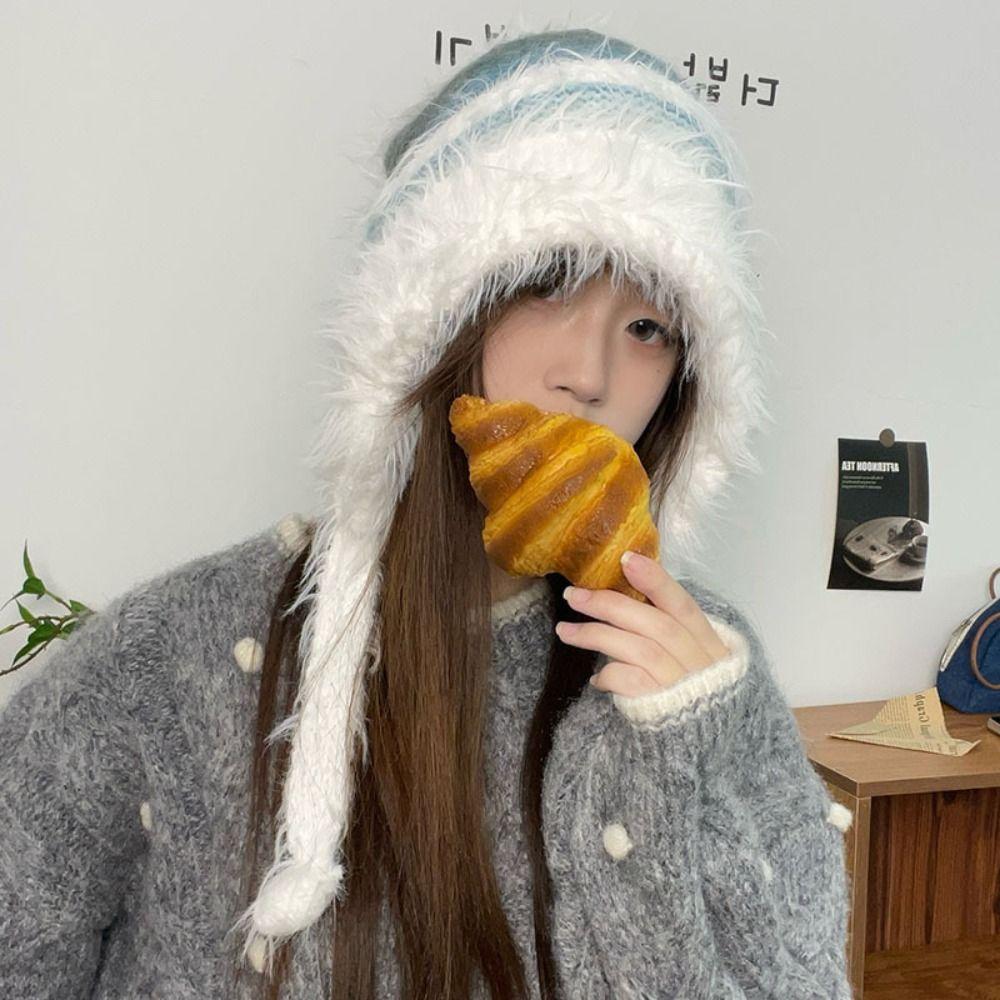 New Design Y2k Handbag-hat Hand-crocheted Pullover Beanie Hat Winter Striped Drawstring Hat  Women