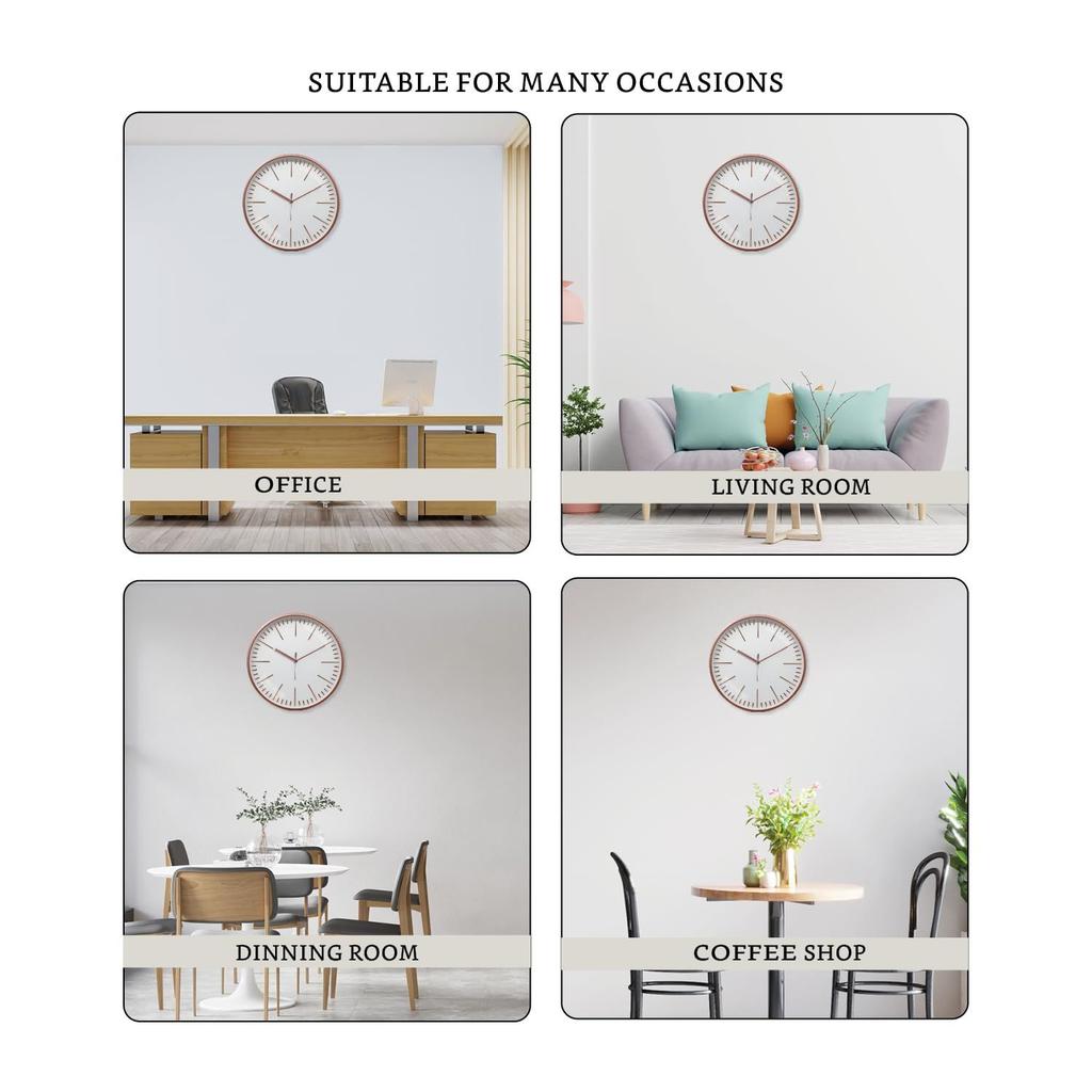 Embossed Metallic Analog Wall Clock, Silent Sweep, Line Time Indicator (12 Inches, Copper and White)