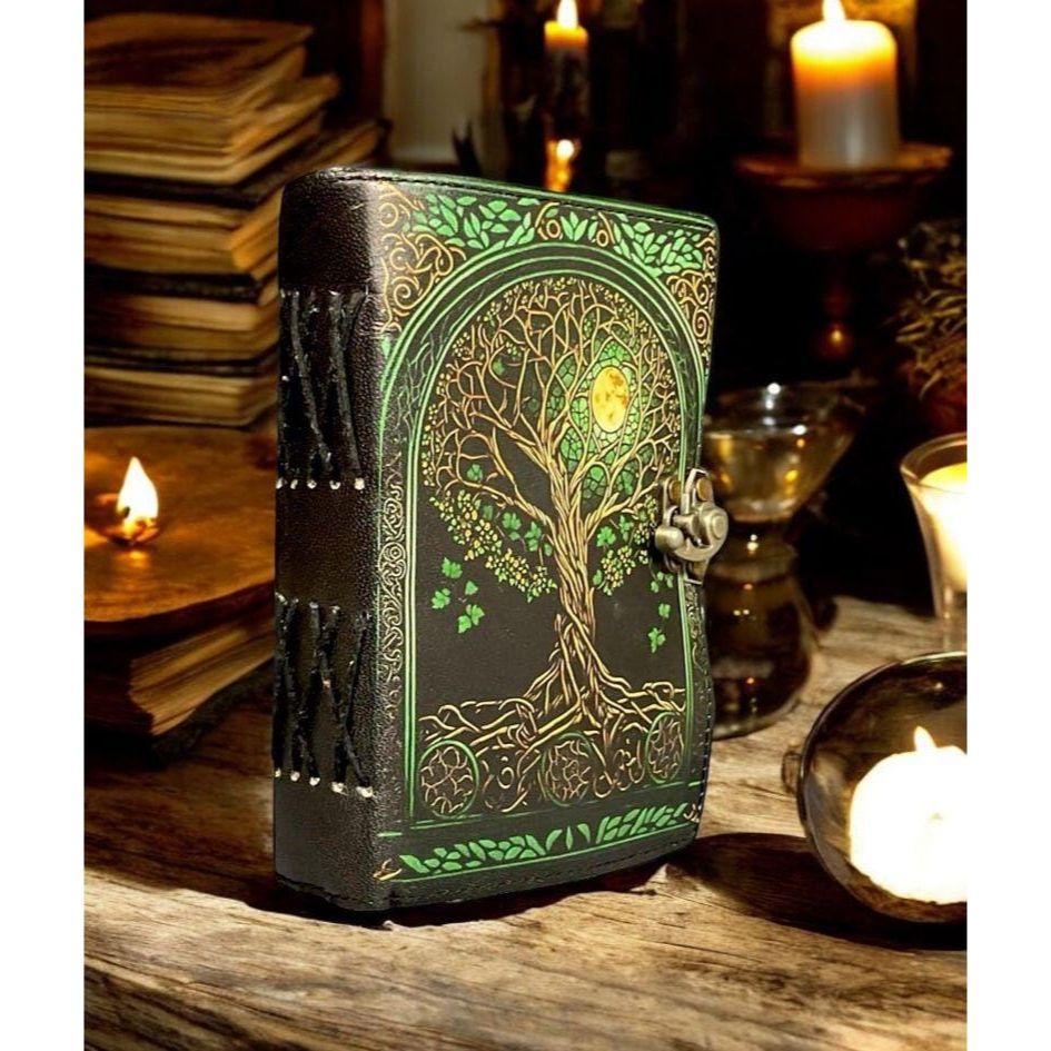 Grimoire Vintage Leather Journal, Tree of Life Fat Journal, Blank Spell Book of Shadows Celestial Gifts For Him Her