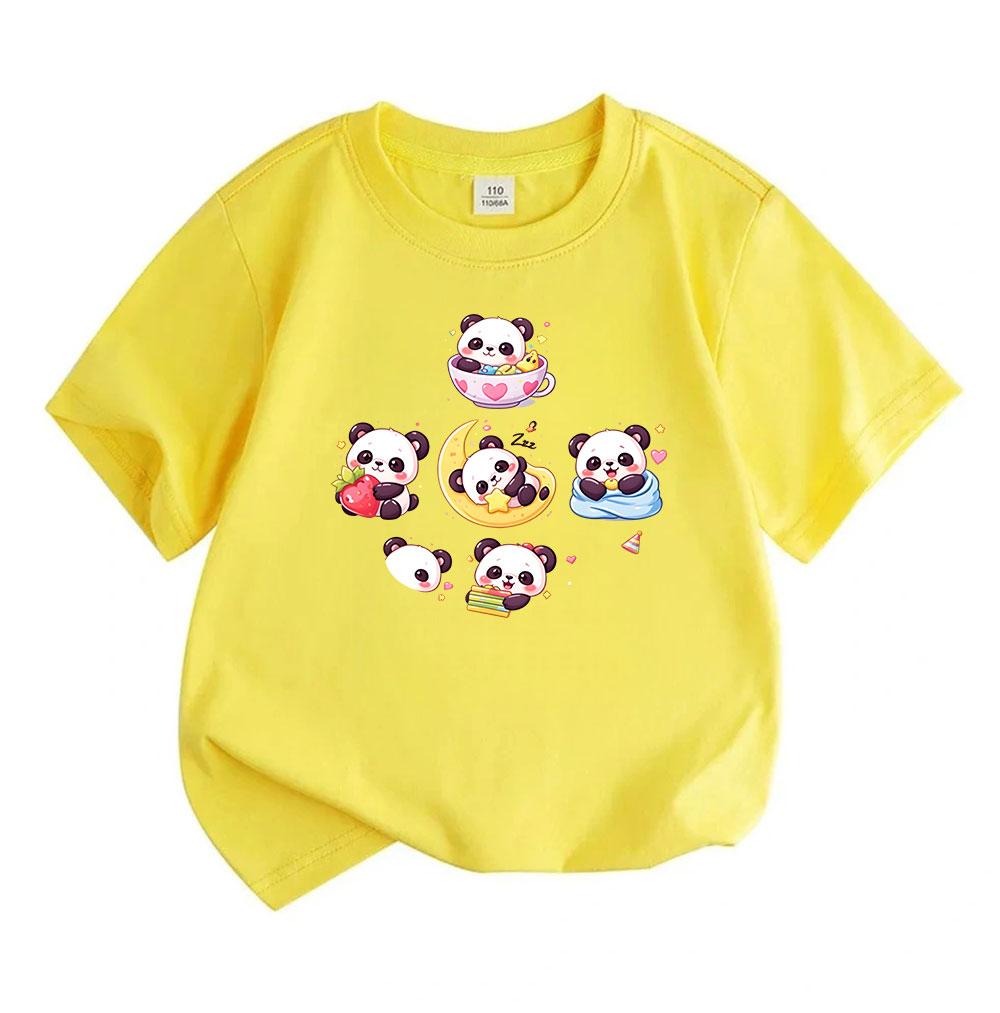 Cute Cartoon Panda Print Kids T-Shirt 100% Cotton Short Sleeve Crew Neck Casual Tee for Boys Girls Adorable Sweet Animal Pattern Soft Breathable Summe