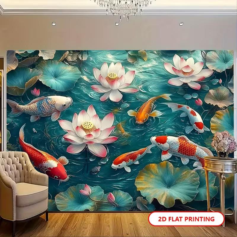 2D Japanese Koi Fish Tapestry Teal Water Lily Pond Feng Shui Wall Decor Background 47.2x31.5inch/120*80cm