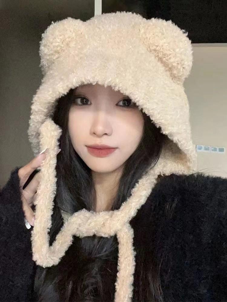 Winter Plush Beanies Cute Bear Ear Wool Hat Warm Lace-up Gorros Knitting Cap Women Bonnets Protection Bomber Korea Ear Knit X4L2