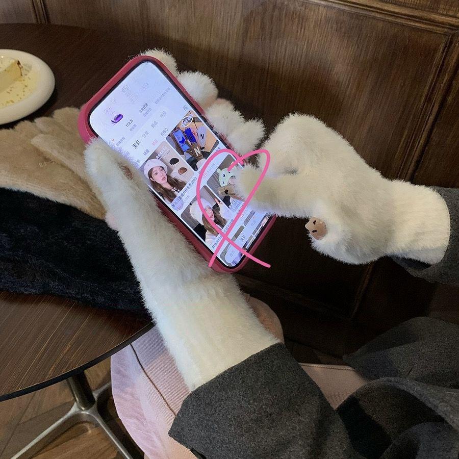 Winter Gloves Female Warm Dew Finger Touch Screen Play Mobile Phone Student Writing Cold Ride