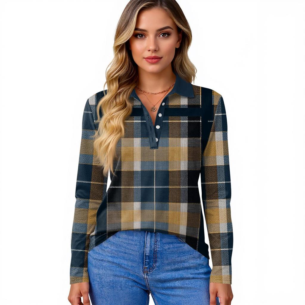 Damenmode Casual Revers Kurze Langarm Print Shirt Damen Button Up Tops