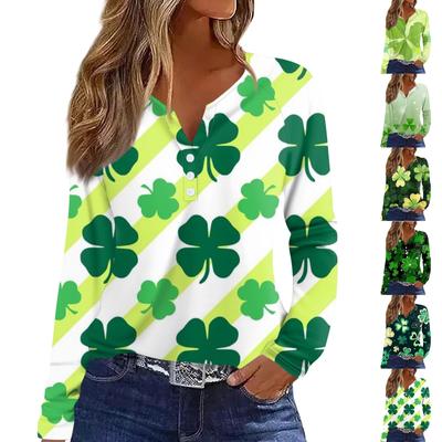 Women's Fashion Casual  Printed V-Neck Long Sleeve Button Down T-Shirt Top
