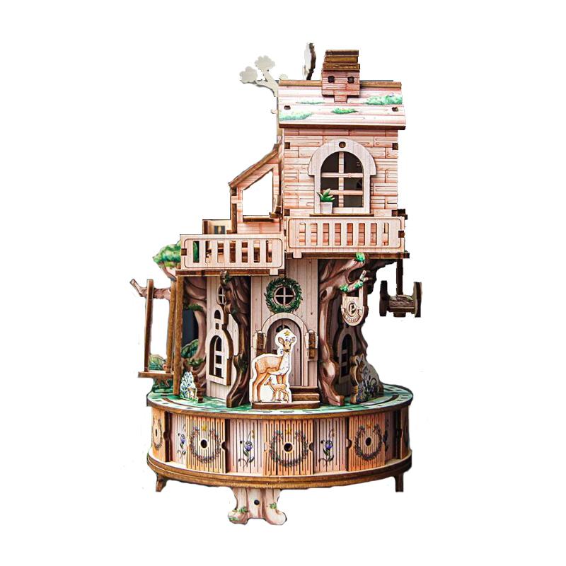 DIY 3D Wooden Puzzle Tree House Music Box Miniature Model Kits Assembly Jigsaw Puzzles for Friends Birthday Gifts
