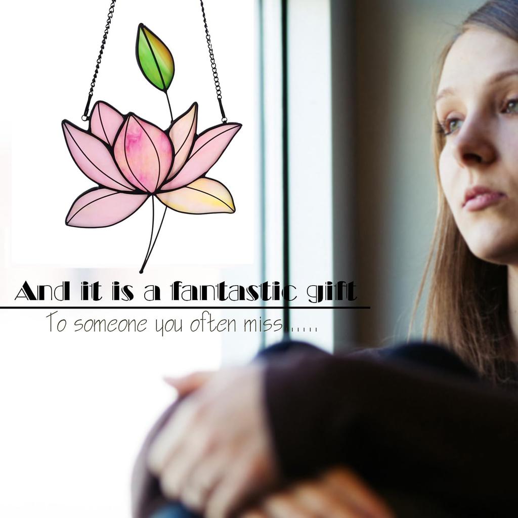 Stained Glass Lotus Flower Window Hanging Sun Catcher Holiday Decoration Window Panels Birthday Gifts for mom,Woman and Friends (Pink)