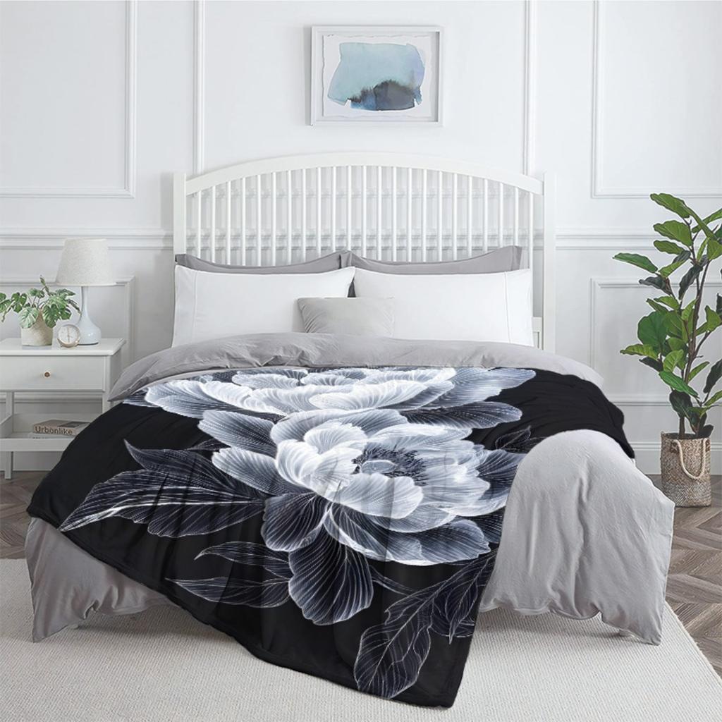 Black background white peony floral design flannel blanket elegant modern bedroom decor luxury flower pattern throw blanket gift
