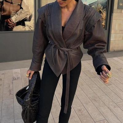 Chic Lace Up Autumn Leather Sleeve Faux Overcoat Vintage Neck V Street High Waist Jackets Belt Outerwear Female
