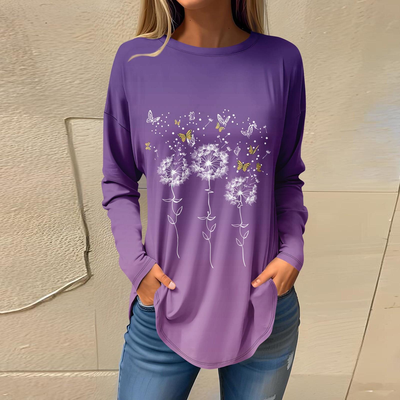 

Жіноча повсякденна футболка з довгим рукавом і круглим вирізом із квітковим принтом XXL фіолетовий