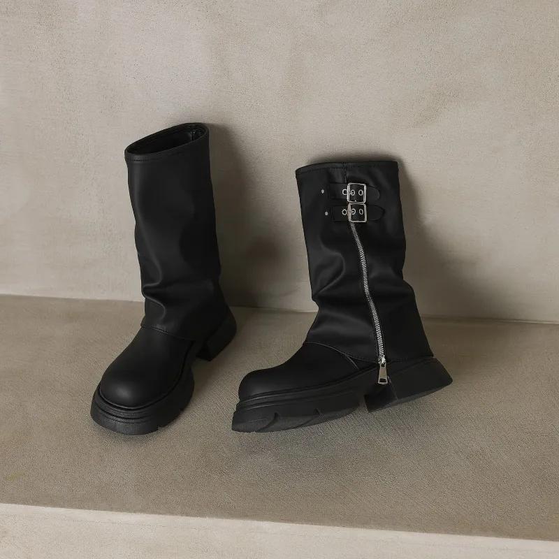 2024 Neue Schuhe für Damen Gürtelschnalle Damenstiefel Mode Seitenreißverschluss Moderne Stiefel Damen Hohe Qualität Runde Zehenpartie Halbwadenlang Zapatos