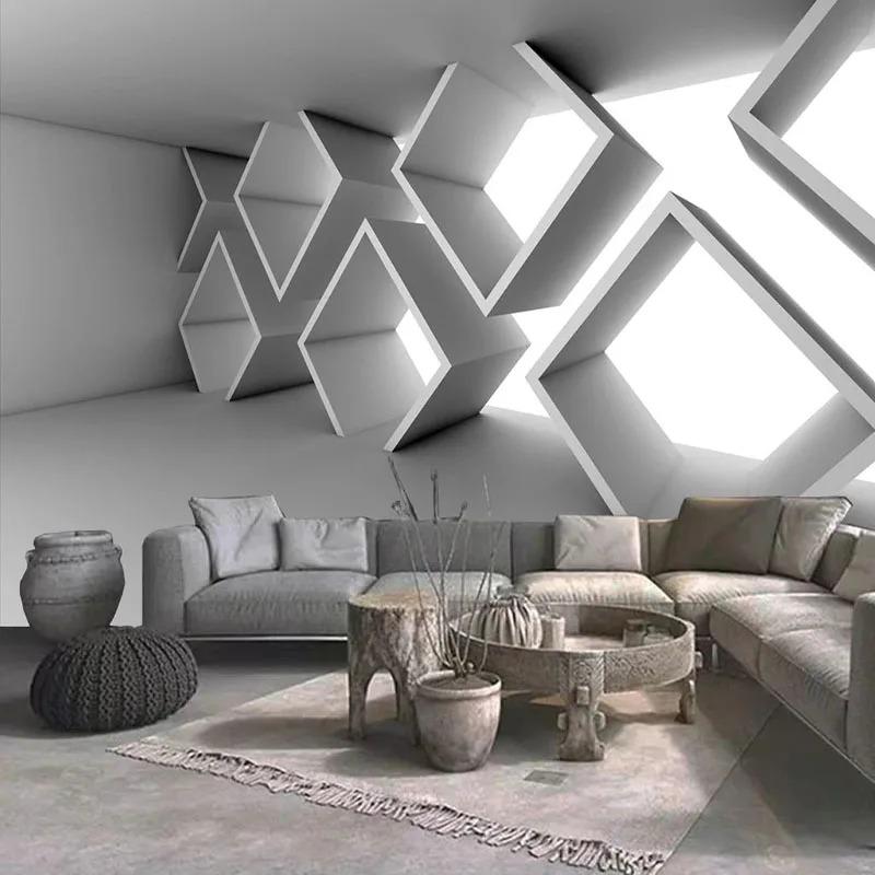 Carta da parati 3D astratta con muro di cemento, edifici geometrici, espansione dello spazio, camera da letto, divano