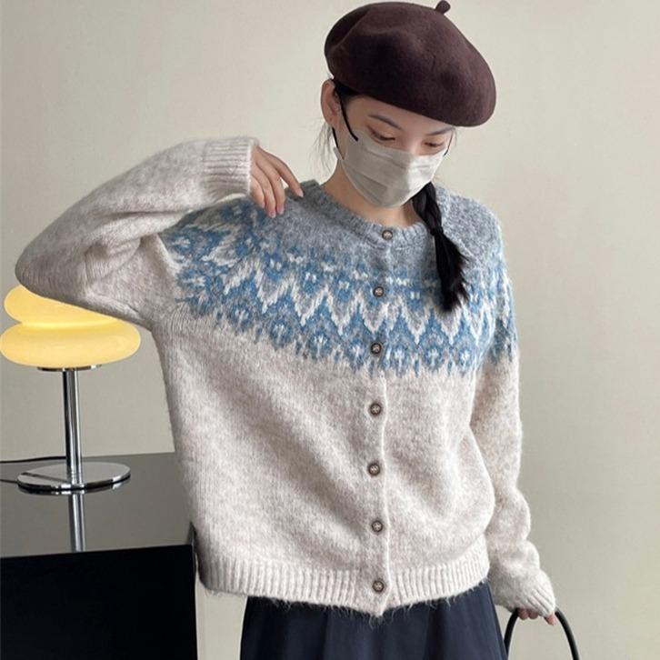 spring autumn color matching Knitted Sweater vintage printing Short Cardigan jacket Loose Crew Neck korean casual Sweaters Women