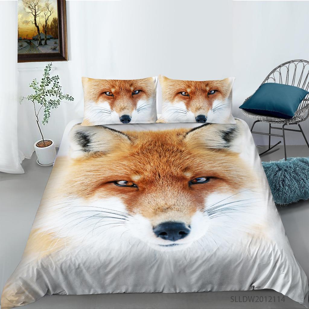 Fox Duvet Cover Set King/Queen Size Orange Lovely Fox Bedding Set For Kids Teens Boys Wild Animal 2/3Pcs Polyester Quilt Cover