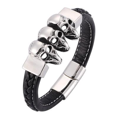 Bracelet Punk Crâne Squelette Acier Inoxydable Bracelets Et Bracelets En Cuir Hommes Noir Tresse Cuir Punk Bijoux Masculins BB0188