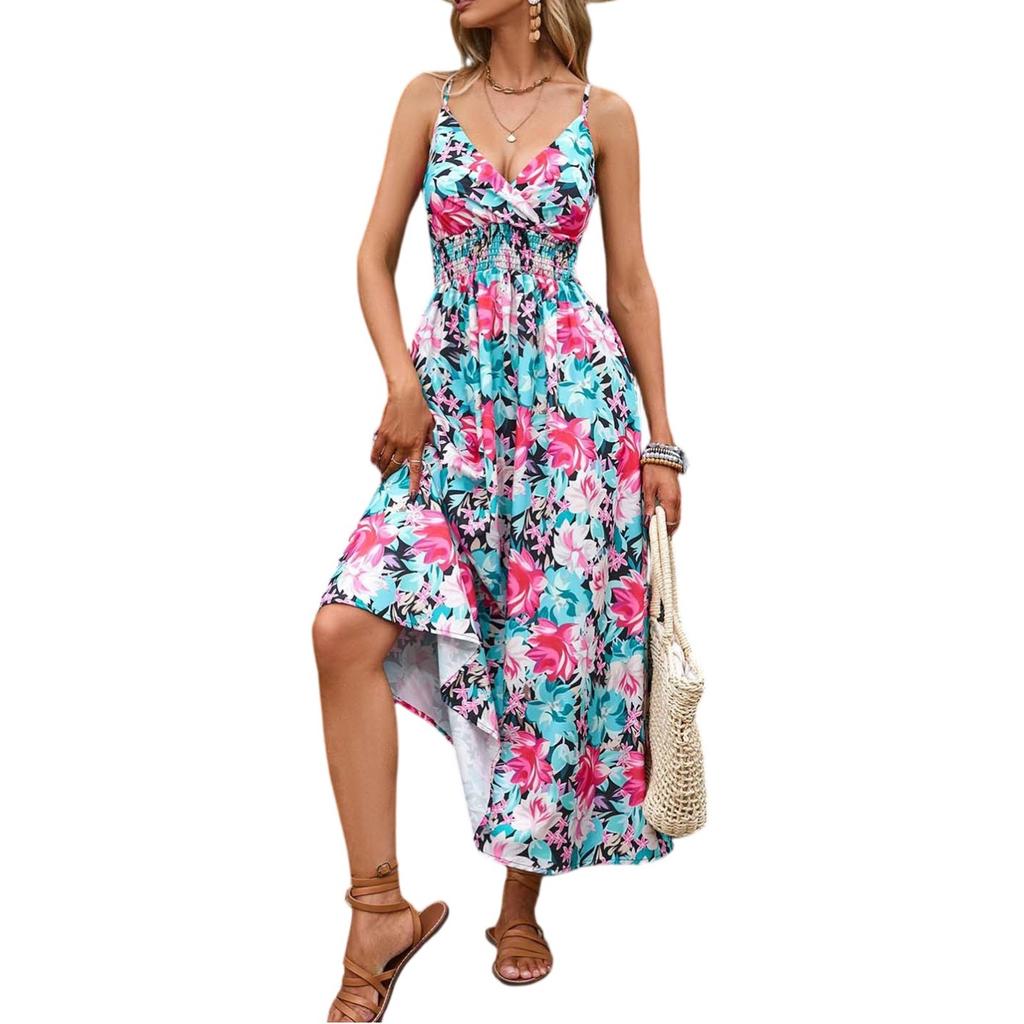 Women's Dresses Casual Elegant Floral Printed Strapless Stretch Belt V-Neck Dresses