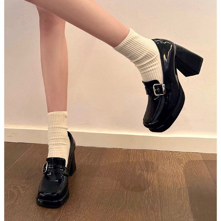 Not tired feet! Loafers 2025 spring square head thick heel metal buckle one pedal patent leather black belt buckle high heels