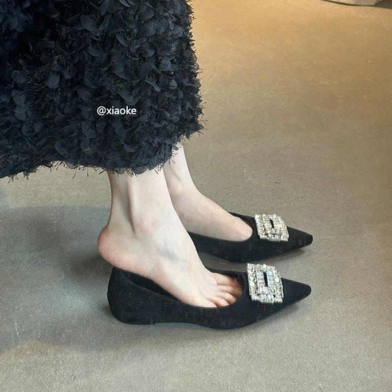 

Rhinestone suede matte temperament small single shoes women s autumn new versatile thick heel pointed flat shoes 40