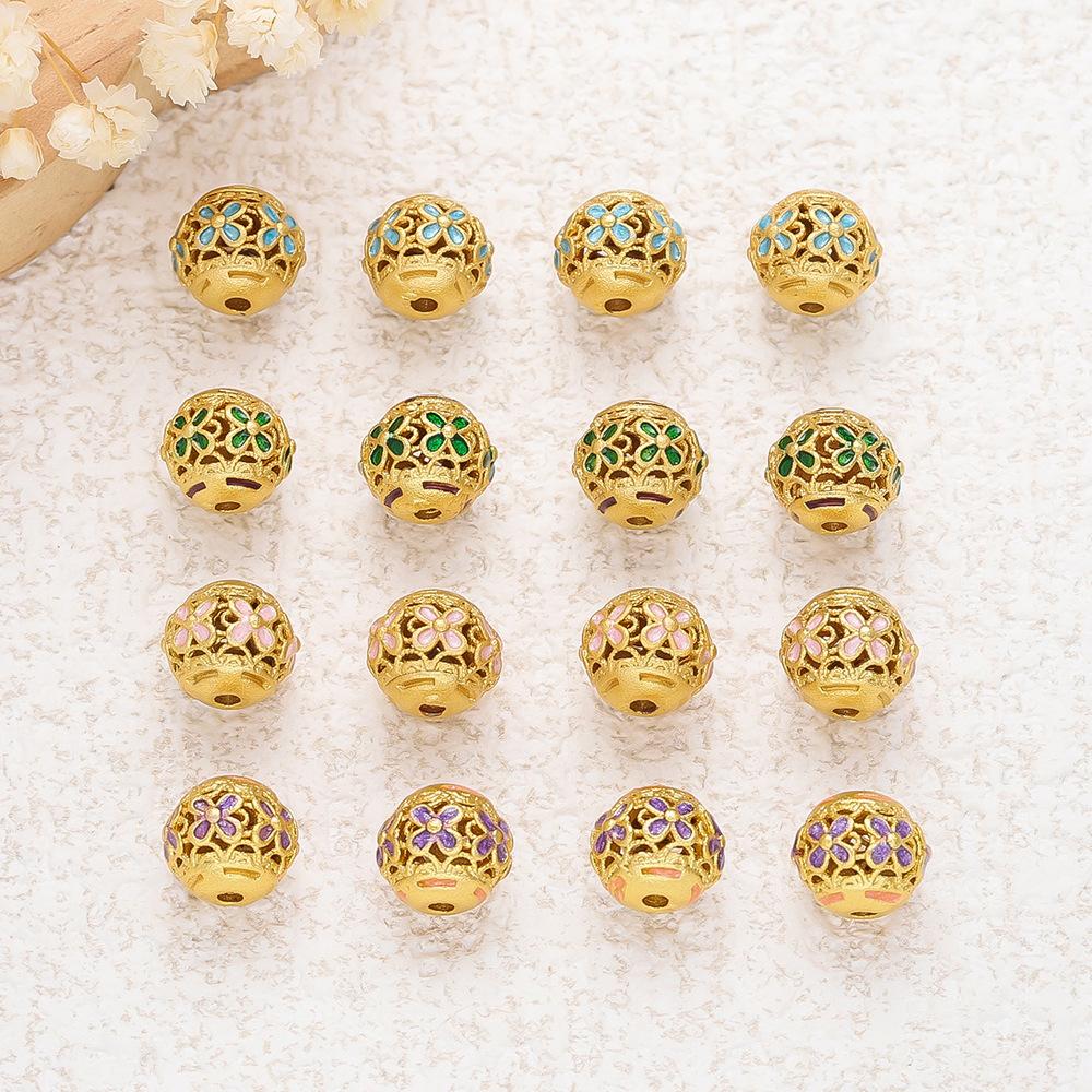 Copper Drop Oil Engraved Hollow Flower Round Bead Separated Bead Loose Bead DIY Bracelet Through Hole Jewelry Transfer Bead Jewelry Accessories