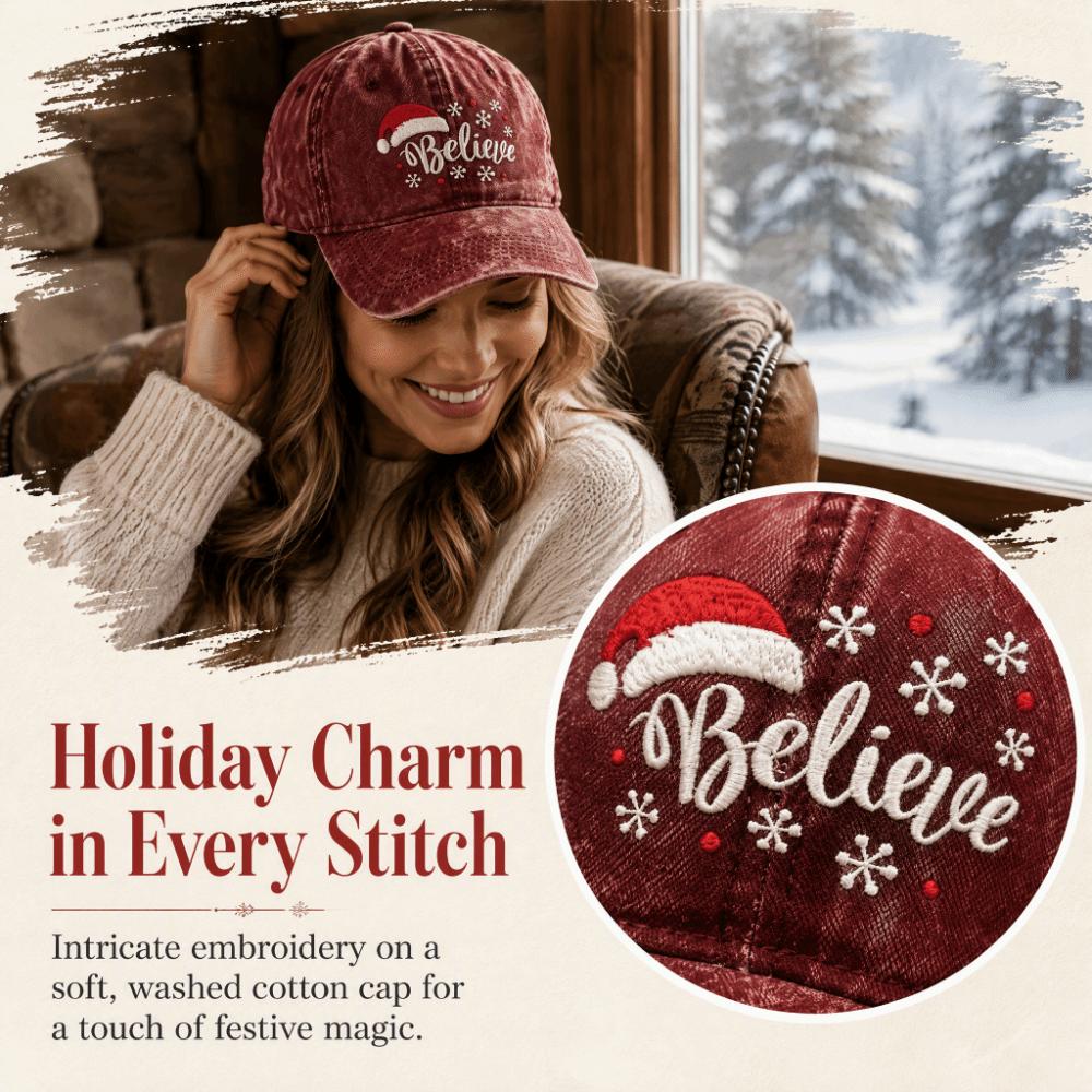 Embroidered Snowflake Baseball Cap Adjustable Strap Cotton Snowflake Embroidered Hat Breathable Vintage Wash Baseball Cap