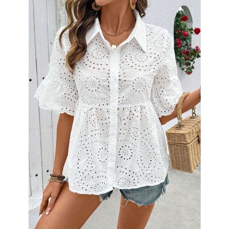 Camicia in Pizzo a Maniche Corte Estiva Nuova con Scollo a Revers Lavorazione a Intaglio Blusa Ricamata da Donna Top Fashion Casual Elegante Dolce Semplice Abbigliamento da Donna Bianco
