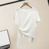 T-shirt à manches courtes et col rond pour femme, ourlet irrégulier, élastique, fin, couleur unie, pull ample, streetwear, été