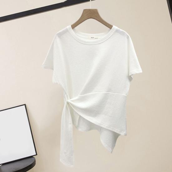 T-shirt à manches courtes et col rond pour femme, ourlet irrégulier, élastique, fin, couleur unie, pull ample, streetwear, été