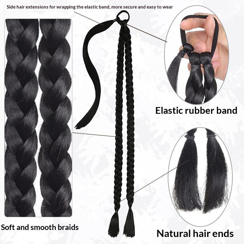 30Inch Black Double Braided Ponytail Extension, Long Straight Ponytail Hair Extension Heat Resistant Synthetic Wigs for Daily Us