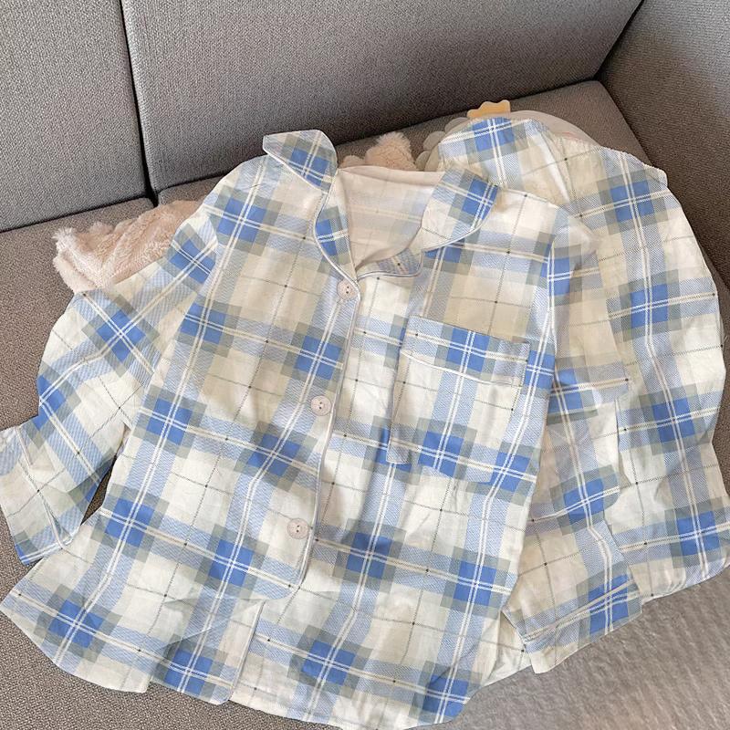 

Синяя клетчатая осенне-зимняя женская пижама, элегантная пижама Harajuku, новый домашний комплект из молочного шелка с длинными рукавами XXL синий