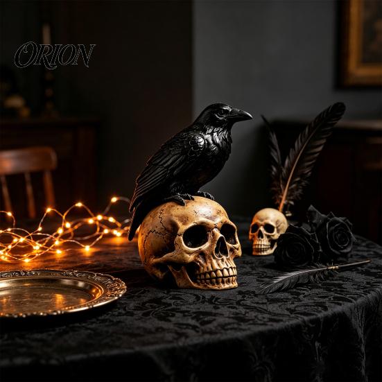 Unique Holiday Gifts Halloween Skull Figurine, Realistic Human Head Statue, Creepy Gothic Indoor Outdoor Statue Crow on Sculpture for Home Tabletop