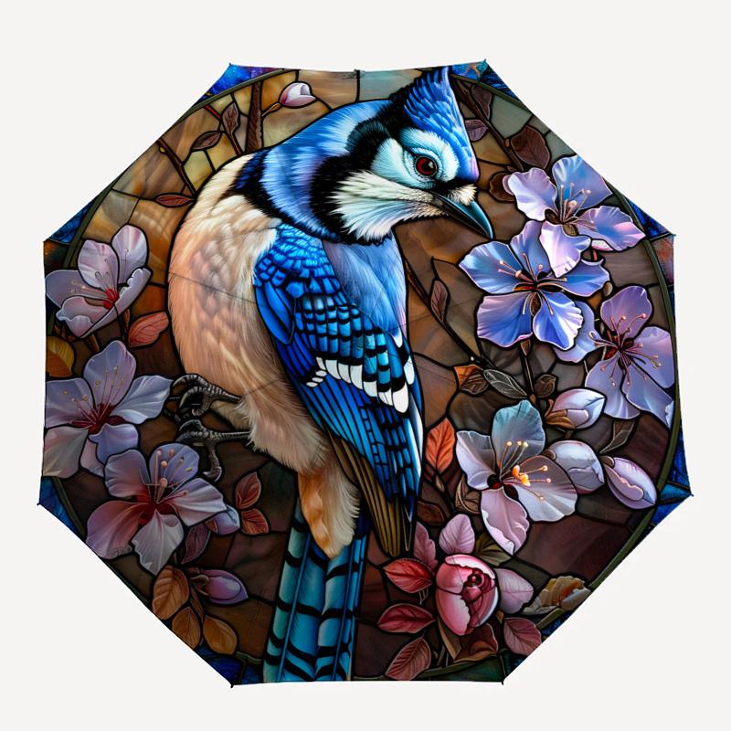 Stained Glass Blue Jay with Flowers Wall Art Decor Umbrella, Cute Umbrella with Cute Design, Portable 3-Fold Compact Umbrella for Men & Women, Valenti