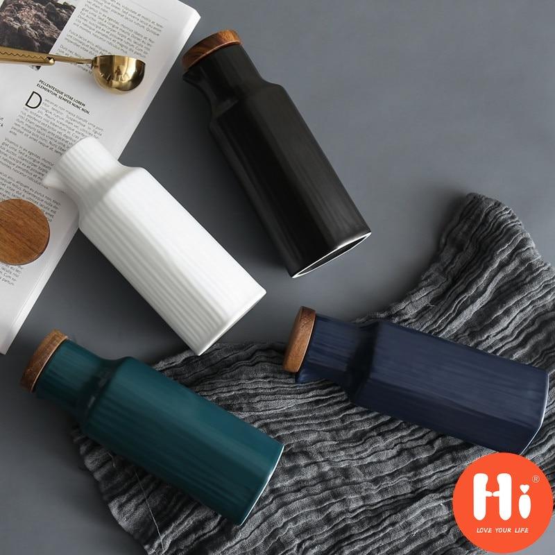 Hi Japanese Ceramic Salt Jar with Bamboo Lid Soy Simple Sauce Bottle Creative Leak-Proof Oil Vinegar Bottle Kitchen Tableware