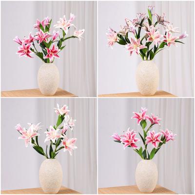 Realistic 3 Heads Lily Artifiical Flowers Double Layers Multicolor Fake Plants Green Leaves PU Artificial Flower Home Decoration