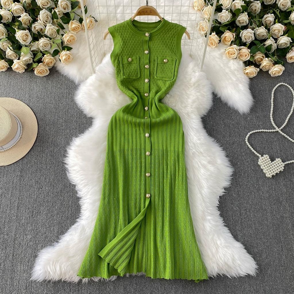 Summer Women O-neck Sleeveless Single Breasted Knitted Mid-calf Slim Tank Sweater Dresses