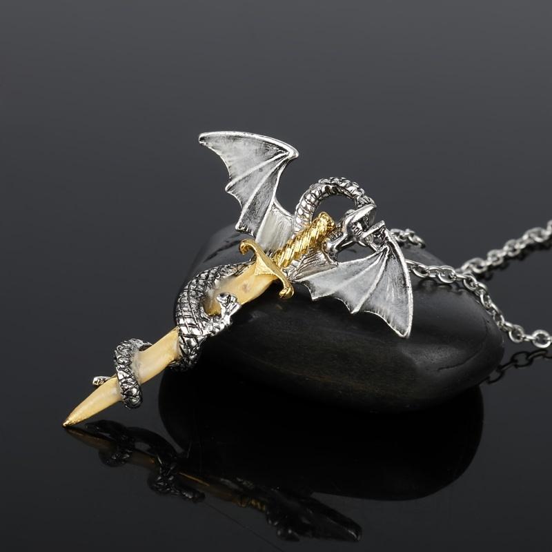 Pterosaur Twining Round The Golden Colored Sword Glow in the dark Pendant Necklace Gothic Male Jewelry Accessory For Daily Occasions
