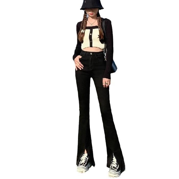 Summer 2024 Women's High-Waisted Slimming Micro-Flare Slit Jeans - Floor-Length Petite Design