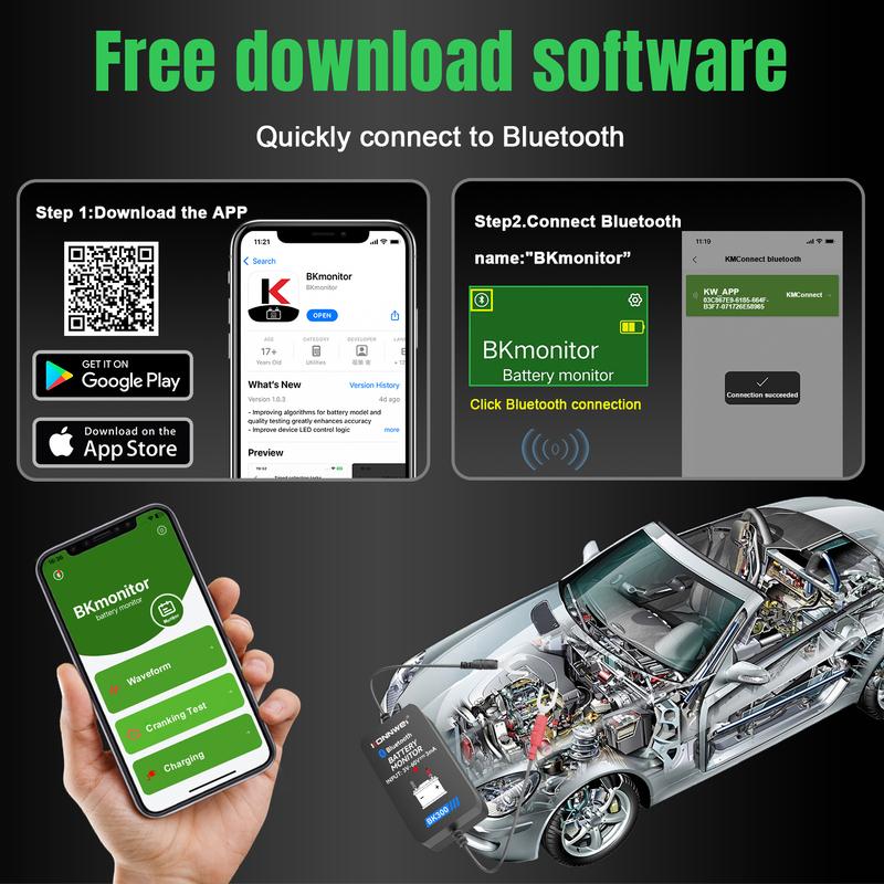 KONNWEI BK300 Bluetooth Car Battery Monitor: 6V/12V/24V Battery Tester with Mobile App for Cars, RVs, Motorcycles,Trucks & Boats