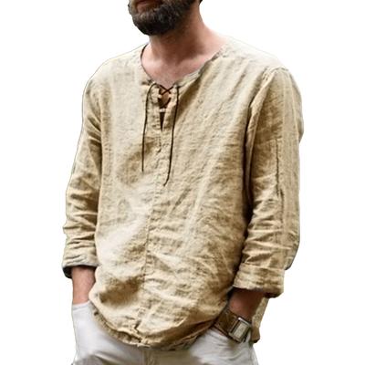 Men Cotton Linen Shirt Autumn Fashionable Casual Loose Drawstring Men Long Sleeve Pure Color T