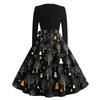 Women Casual Vintage Halloween Dress Long Sleeve Round Neck Fit and Flare Midi Dress with Halloween Tree and Ghost Print and Waist Tie