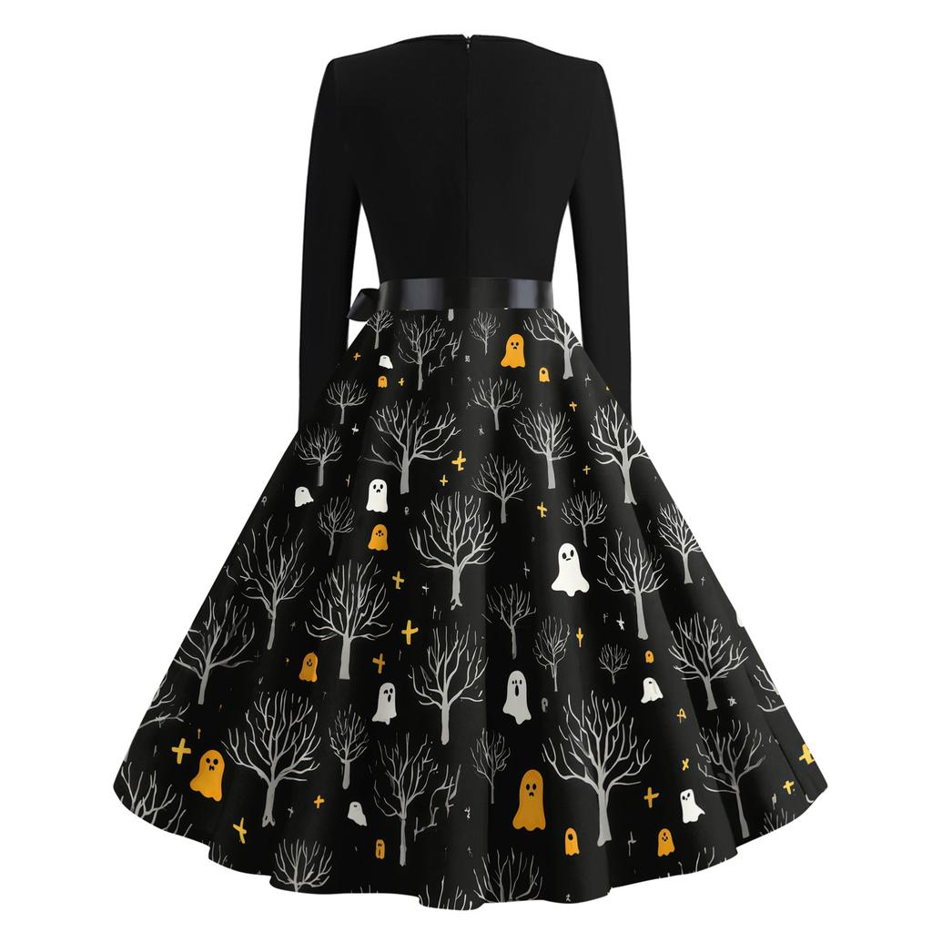 Women Casual Vintage Halloween Dress Long Sleeve Round Neck Fit and Flare Midi Dress with Halloween Tree and Ghost Print and Waist Tie