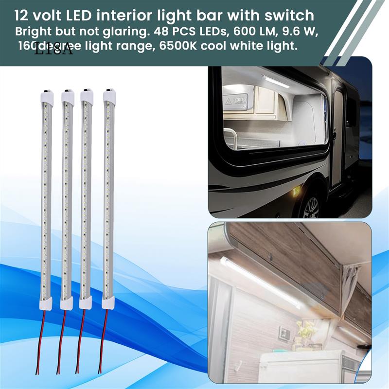 MML-12V Interior LED Light Bar 48 Leds Strip Lights With Switch And Magnets 6500K White Light For Car Van RV With US Plug