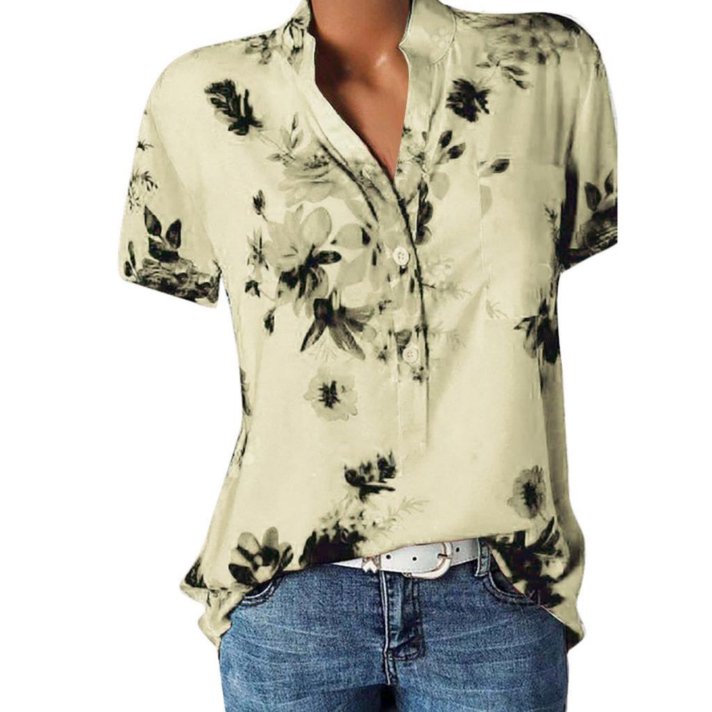 Women's Fashion Printed V-neck Short Sleeve Blouse, 10 Colors 8 Sizes Available Casual Summer Top