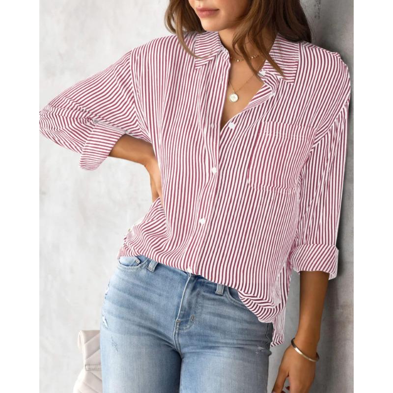 Women's Pocket Loose Top Long Sleeved Work Shirt Top