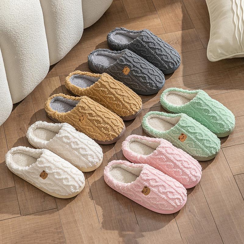 Fashion Plain Striped Design Home Slippers Women Winter 2024 New Soft Sole Anti Slip Cotton Shoes Woman Indoor Warm Soft Plush Slippers