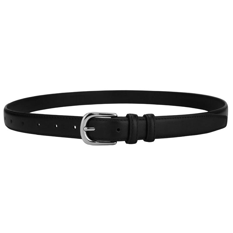 Women's genuine leather belt, fashionable casual jeans belt, women's youth versatile trendy belt with silver buckle, black