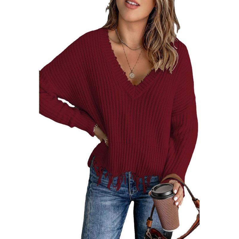 Autumn and Winter Fashion New Style Gray Cotton V-neck Long-sleeved Tassel Ripped Sweater, Casual Loose Blue Ladies Pullover Sweater  Top AL6101