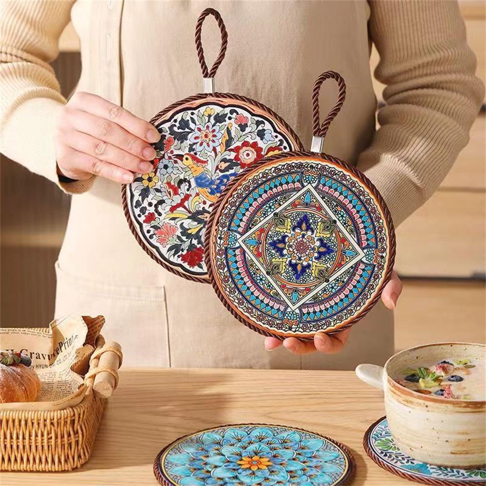 1pcs Ceramic Insulation Pad Ceramic Surface and Cork Bottom Construction with Hanging Rope Suitable for Serving Plates Cups Pans