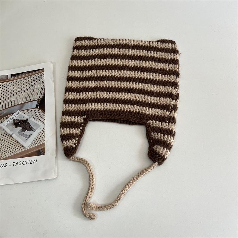 

Новая шапка ручной работы из шерсти в полоску с милыми кошачьими ушками, повседневная теплая шапка с защитой ушей M（56-58cm） хаки