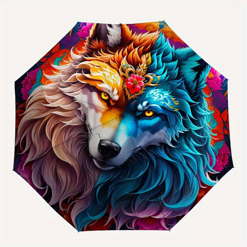 Colorful Wolf Head Circle Sticker Decal for Laptop Phone Car BumperUmbrella, Portable 3-Fold Compact Umbrella for Men & Women ES3