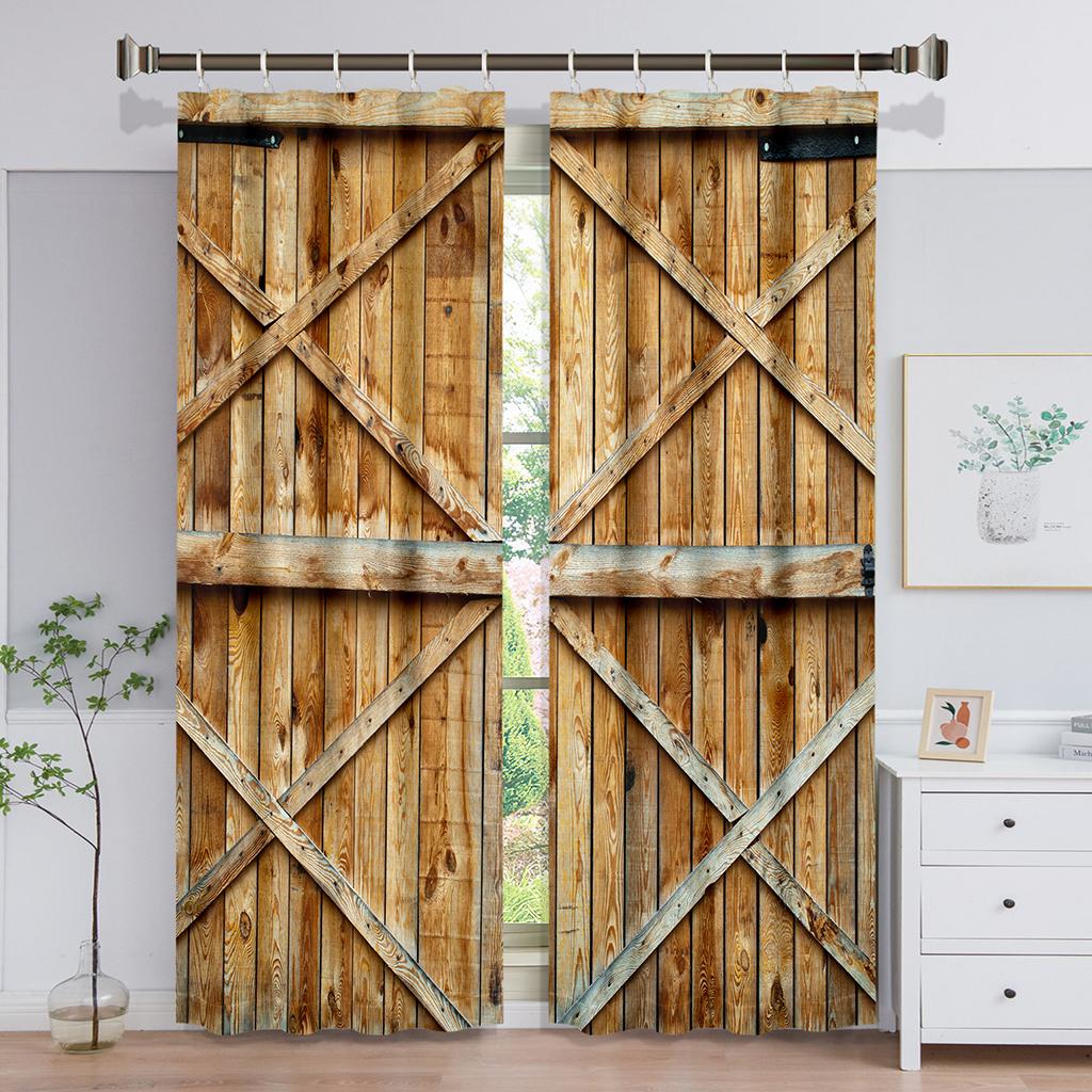 3D Realistische Holztür Steintür Bedruckter Vorhang für Schlafzimmer Wohnzimmer Boden-zu-Decke Fenster Küche Jalousien Cortinas 2St